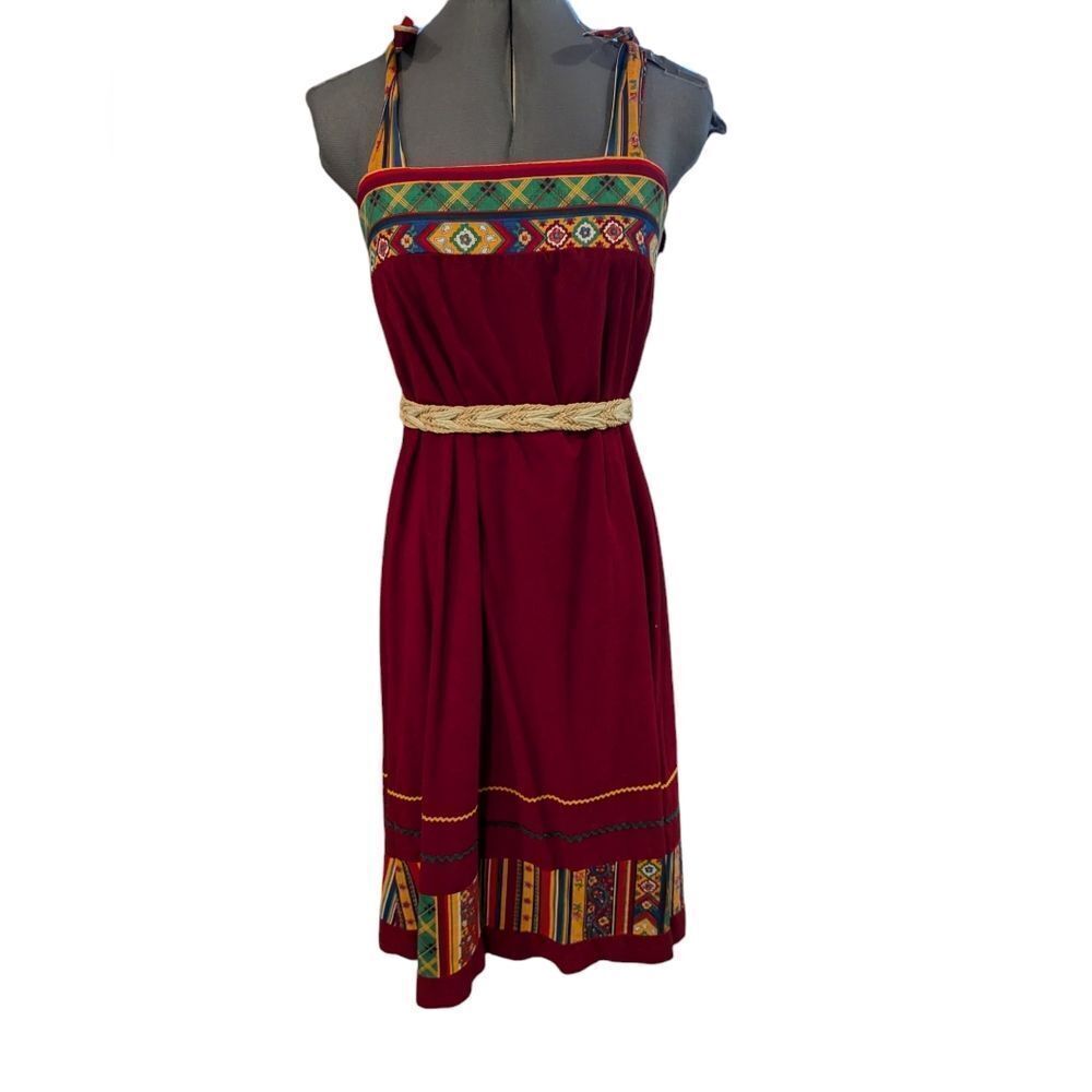 Boho 70s vintage patchwork red floral striped dress‎ women's size large - Picture 4 of 11
